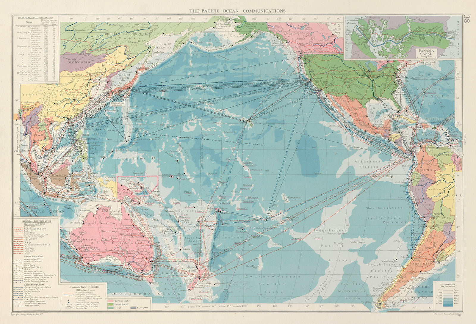 Pacific Ocean. Cables & Wireless Stations. Shipping lines companies 1959 map